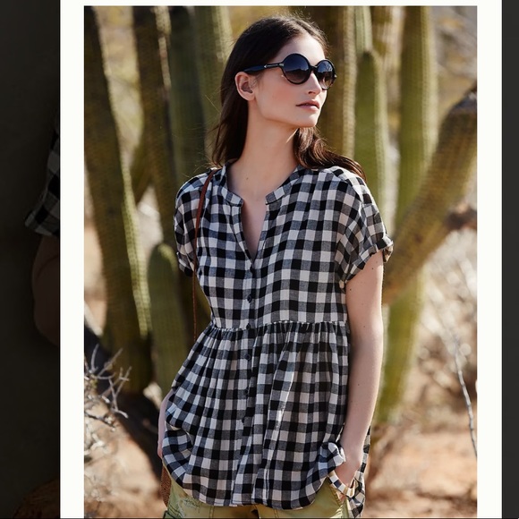 Anthro Tylho Checked Swing Top Gingham Linen Plaid Blouse Shirt Summer Linen S - Picture 6 of 16